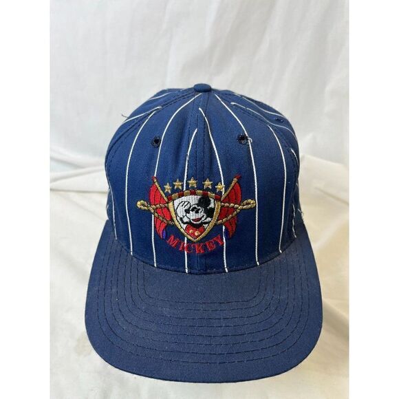 Vintage Mickey Mouse Hat Snapback Cap Pinstripes DISNEY Nautical MADE USA Blue - Picture 1 of 7